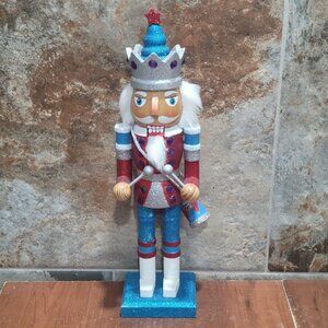 Wooden Drummer Soldier Nutcracker Figurine 14 In Tall Red White Blue Uniform Gli